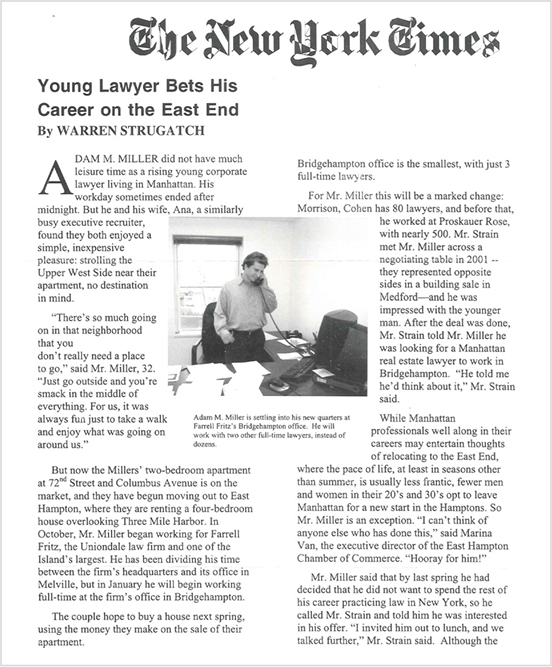Young Lawyer Bets His Career on the East End New York Times December 2002